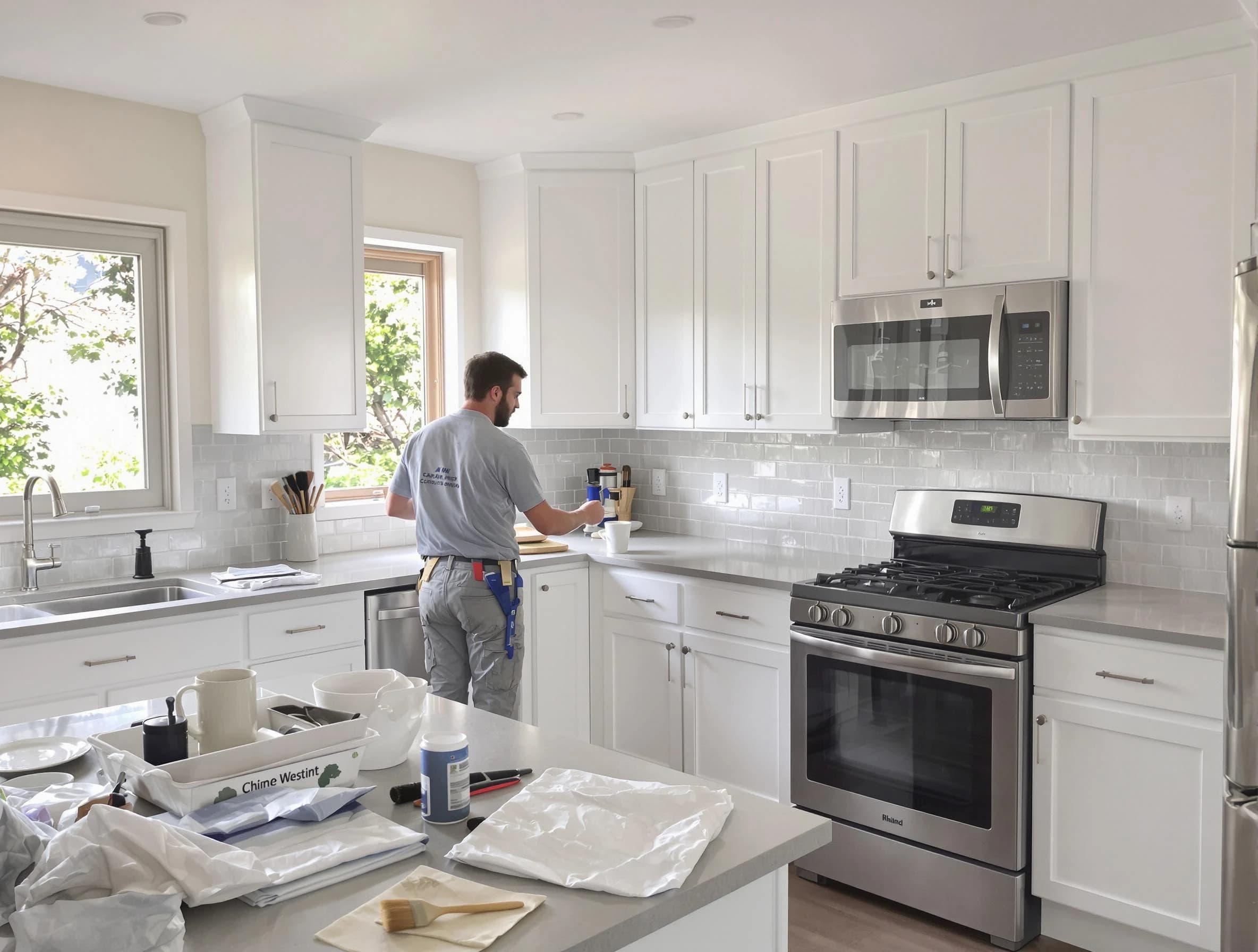 Avon House Painters applying fresh paint on kitchen cabinets in Avon