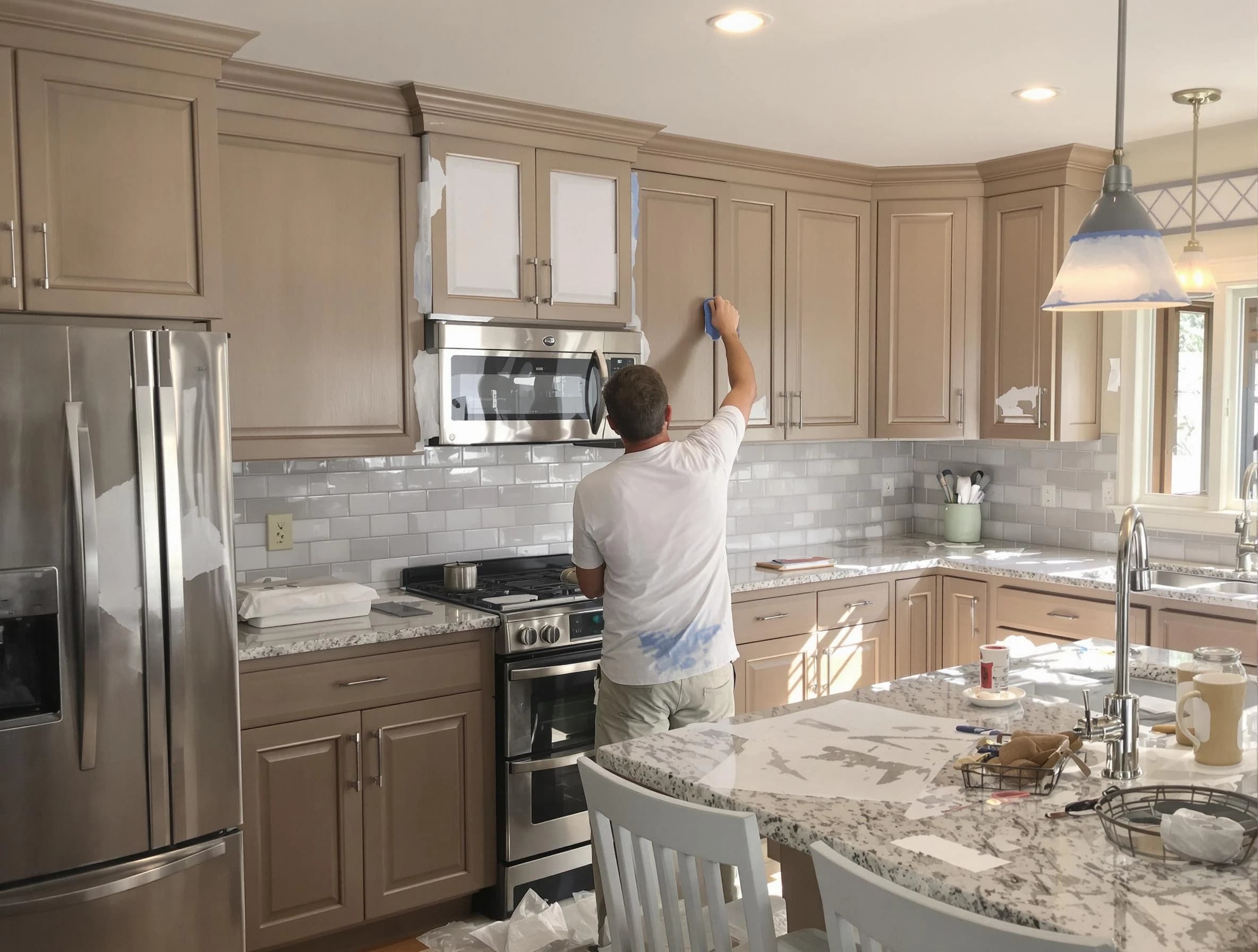Before-and-after view of kitchen painting by Avon House Painters in Avon