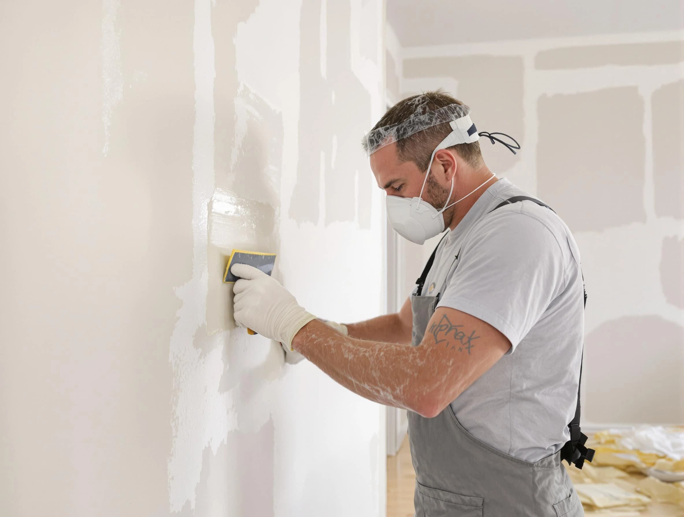 Avon House Painters technician applying mud to drywall seams in Avon, OH