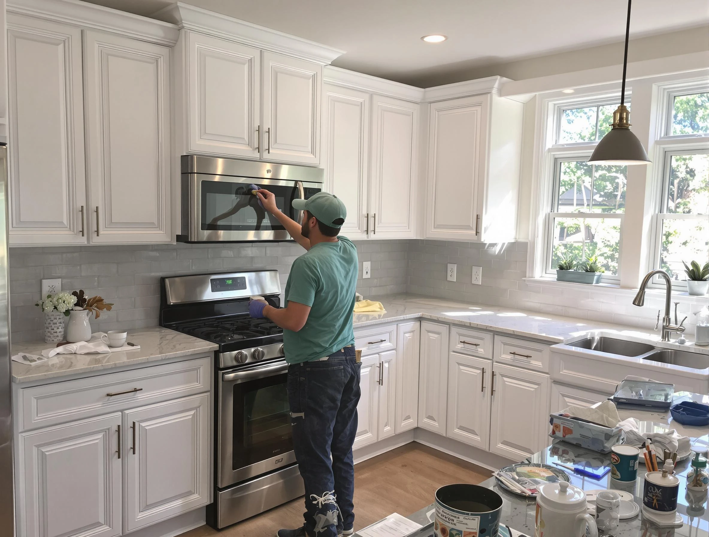 Kitchen cabinets being refinished by Avon House Painters in Avon, OH